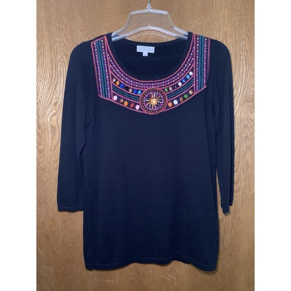Joseph A Women's Black Embroidered Beaded Sequined Top Sz S 3/4 Sleeves Western